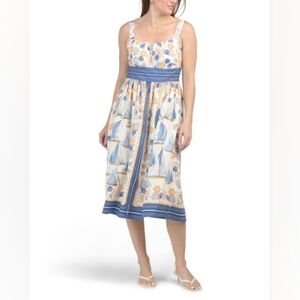 NWT - London Times Sailboat & Nautical Pattern Smocked Back Midi Dress - Size L